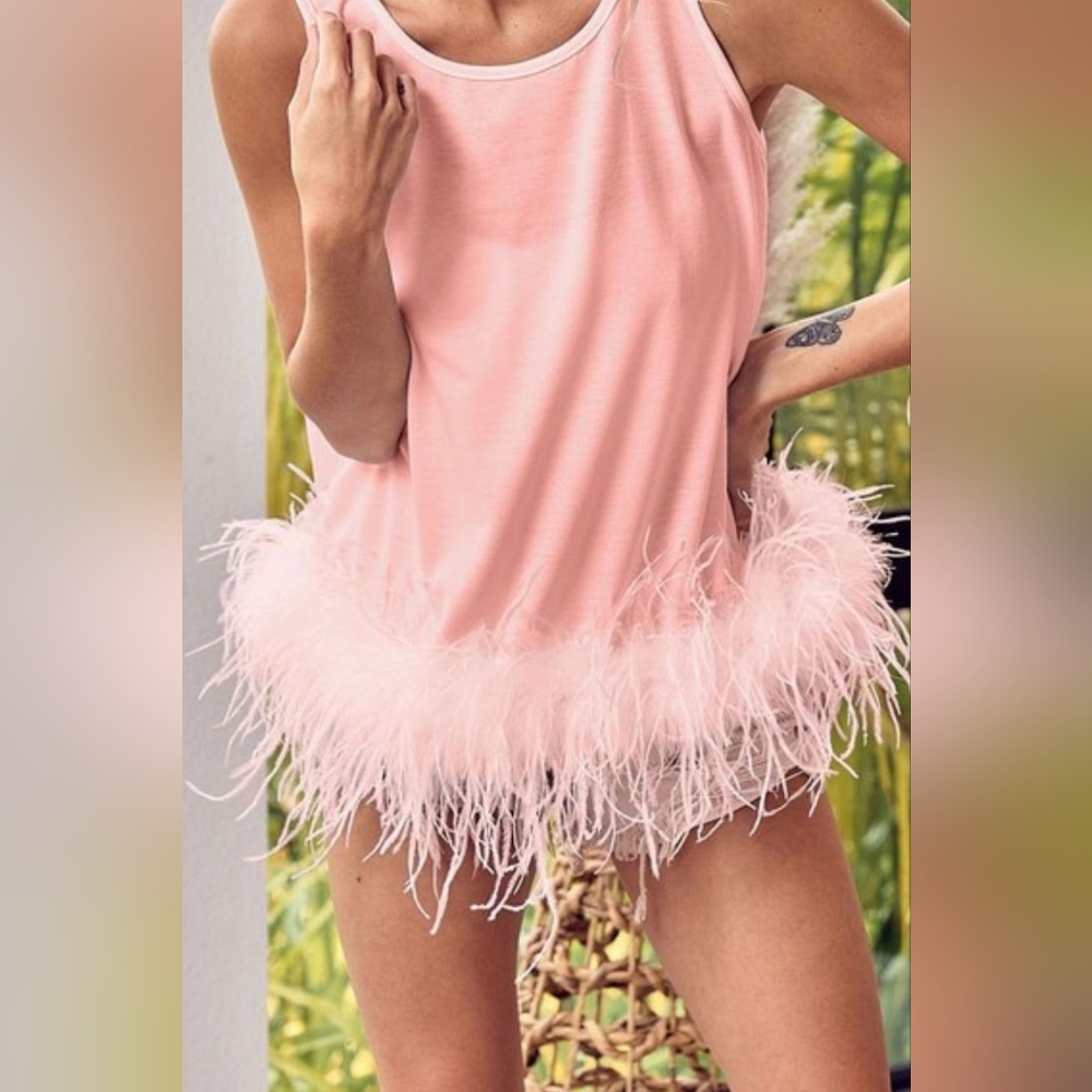 BiBi French Terry Faux Feather Bottom Back Tied Top - Picture 3 of 5